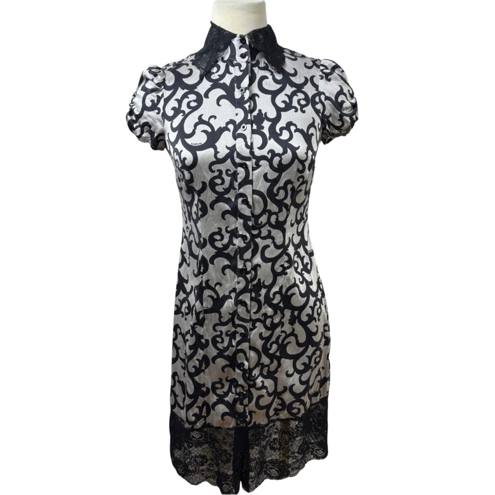 Bebe Metallic Silver and Black Logo Print Silk Blend Dress with Lace Detail - S